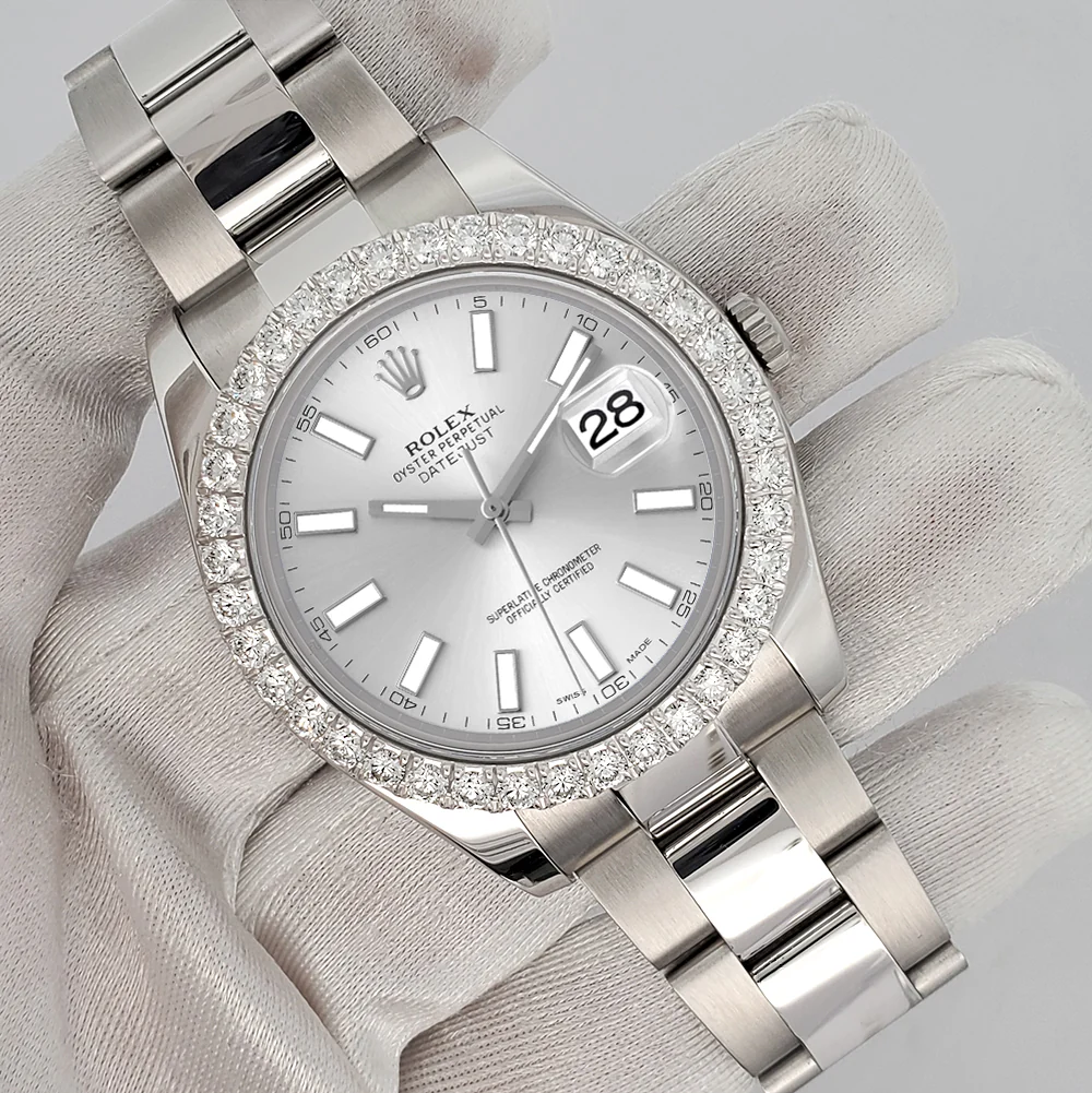Rolex Datejust II 41mm 3.8ct Diamond Bezel/Silver Index Dial Steel Watch 116300 Box Papers - Image 2