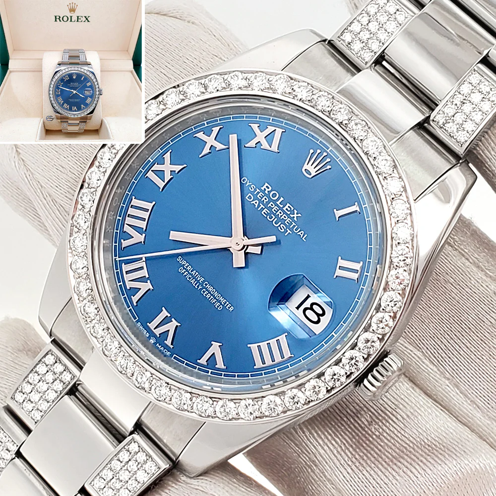 Rolex Datejust 41 Blue Roman Dial 5ct Diamond Bezel/BraceletSteel Watch 116300 Box Papers