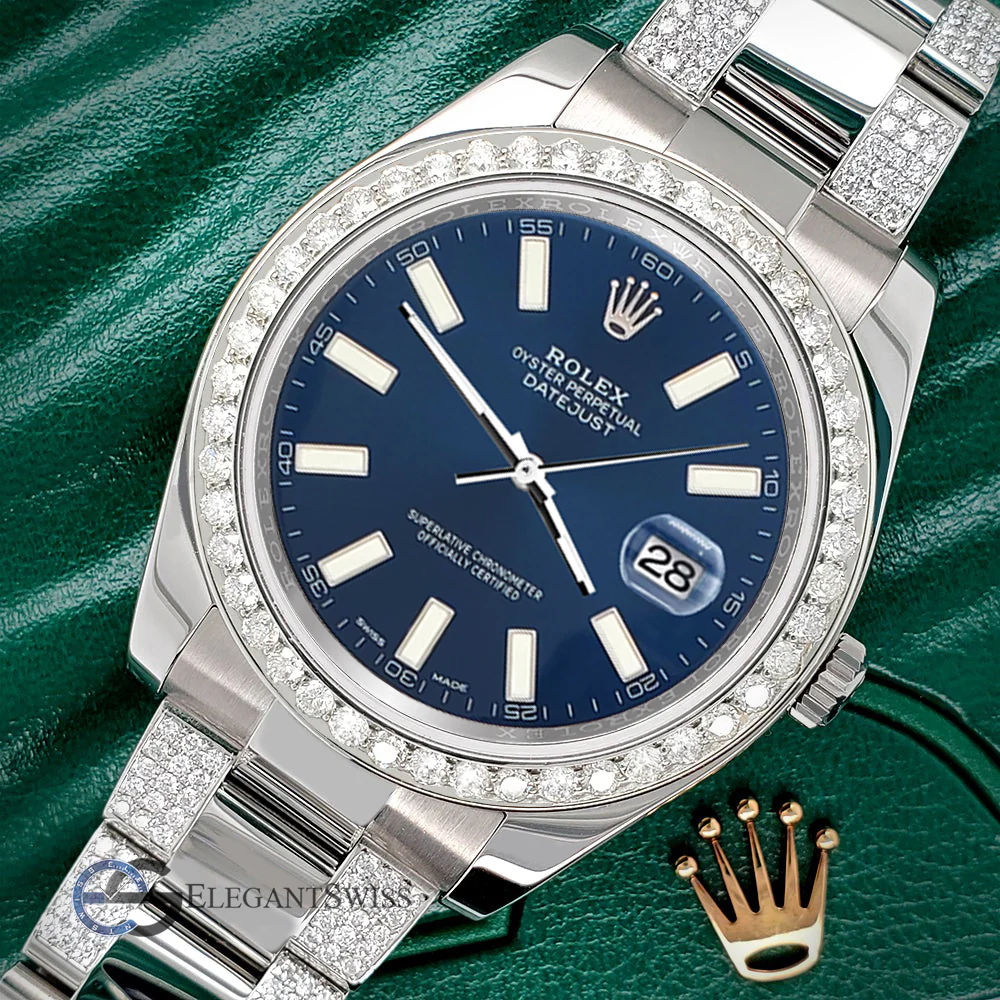 Rolex Datejust II 41mm 5ct Diamond Bezel/Bracelet/Blue Index Dial Steel Watch 116300 Box Papers