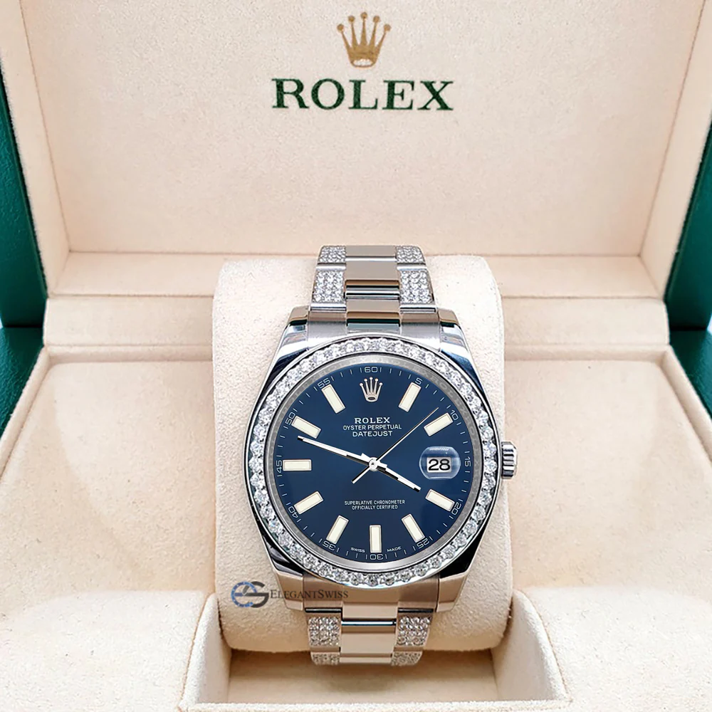 Rolex Datejust II 41mm 5ct Diamond Bezel/Bracelet/Blue Index Dial Steel Watch 116300 Box Papers - Image 6