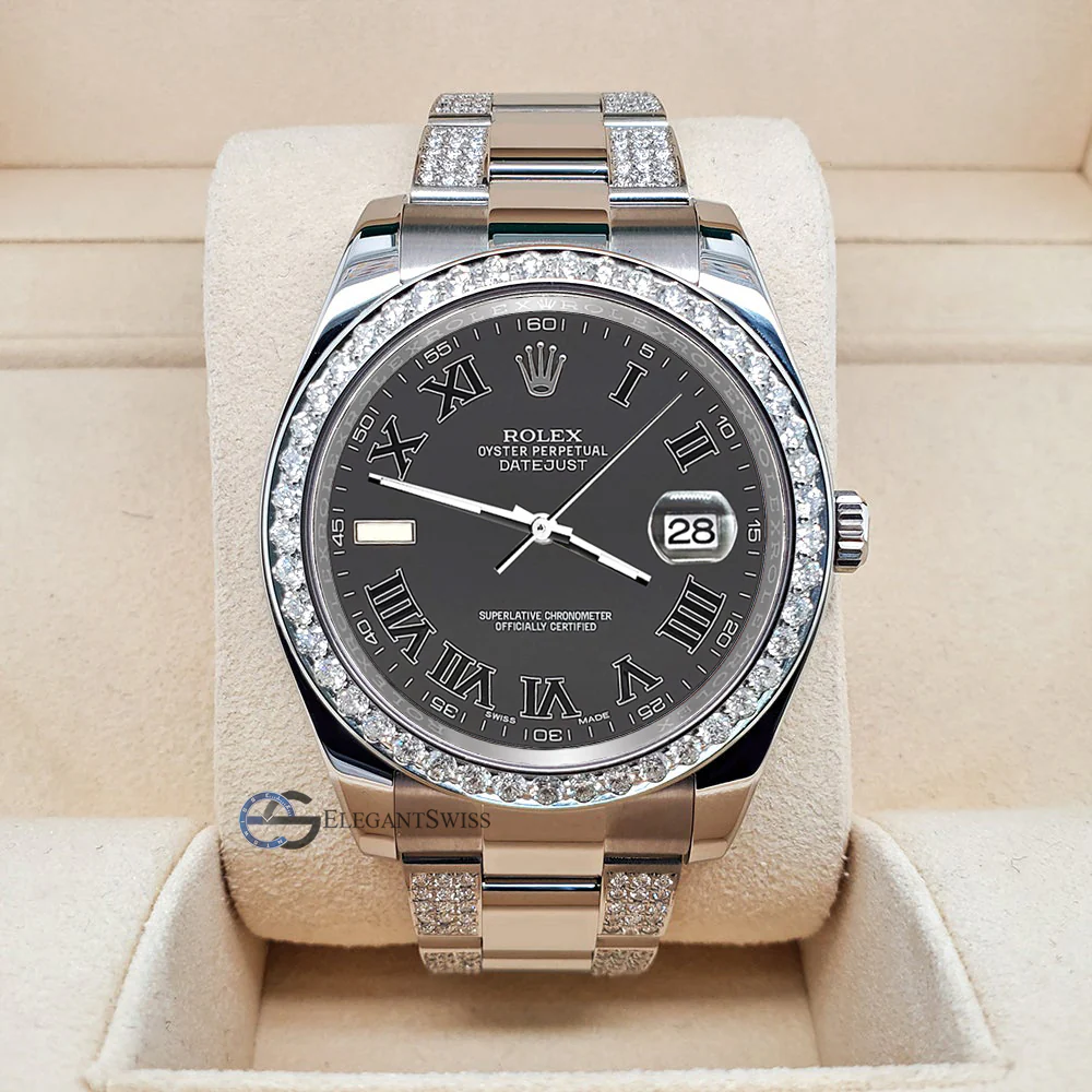Rolex Datejust II 41mm 5ct Diamond Bezel/Bracelet/Gray Roman Dial Steel Watch 116300 Box Papers - Image 2