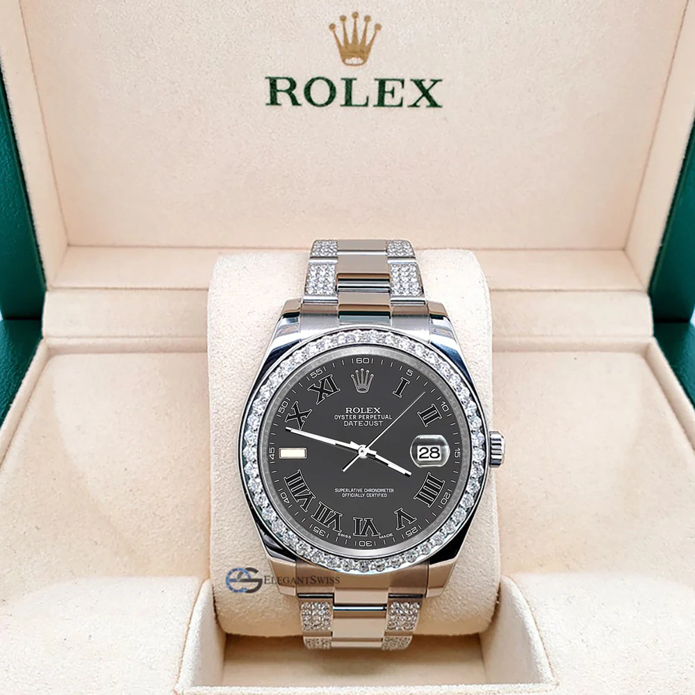 Rolex Datejust II 41mm 5ct Diamond Bezel/Bracelet/Gray Roman Dial Steel Watch 116300 Box Papers - Image 6