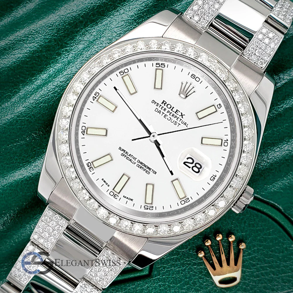 Rolex Datejust II 41mm 5ct Diamond Bezel/Bracelet/White Index Dial Steel Watch 116300 Box Papers - Image 2