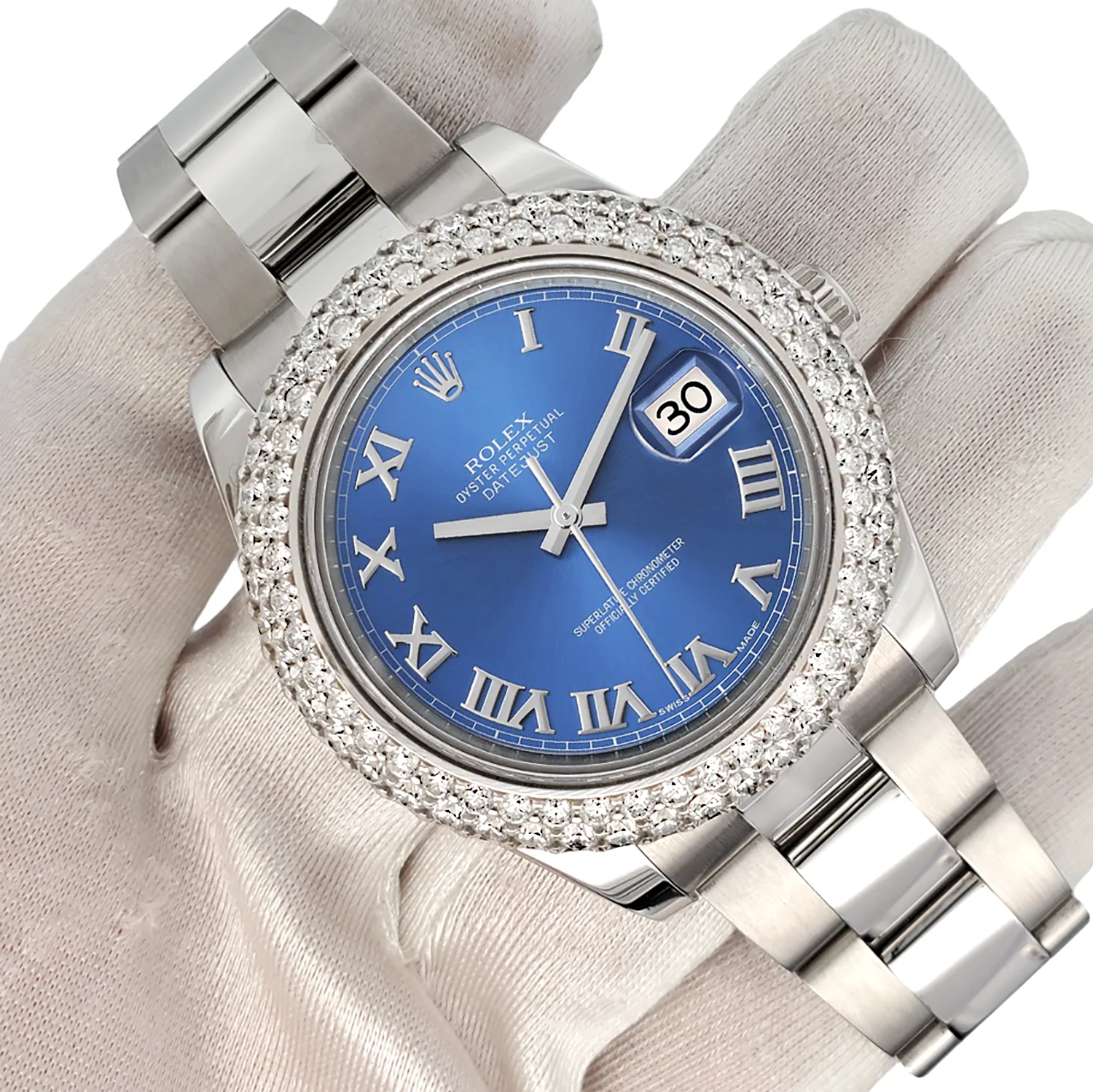 Rolex Datejust II 41mm 6.25ct Dome Diamond Bezel/Blue Roman Dial Steel Watch 116300 Box Papers - Image 3