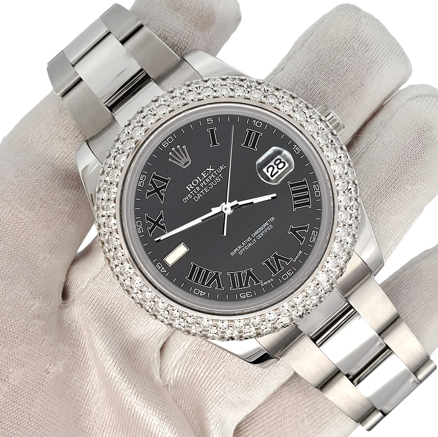 Rolex Datejust II 41mm 6.25ct Dome Diamond Bezel/Rhodium Gray Roman Dial Steel Watch 116300 Box Papers - Image 3