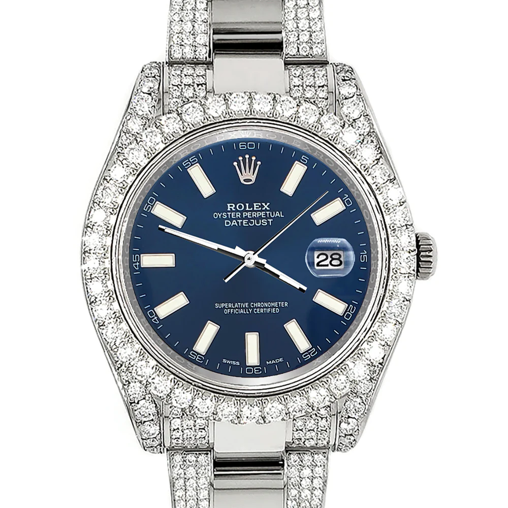 Rolex Datejust II 41mm 8.3ct Diamond Bezel/Lugs/Bracelet/Blue Index Dial Steel Watch 116300 Box Papers