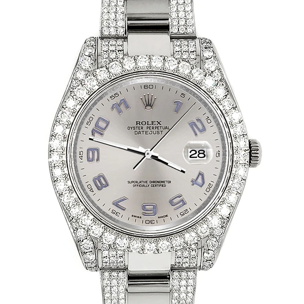 Rolex Datejust II 41mm 8.3ct Diamond Bezel/Lugs/Bracelet/Silver Arabic Dial Steel Watch 116300 Box Papers