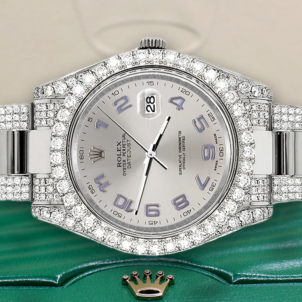 Rolex Datejust II 41mm 8.3ct Diamond Bezel/Lugs/Bracelet/Silver Arabic Dial Steel Watch 116300 Box Papers - Image 2