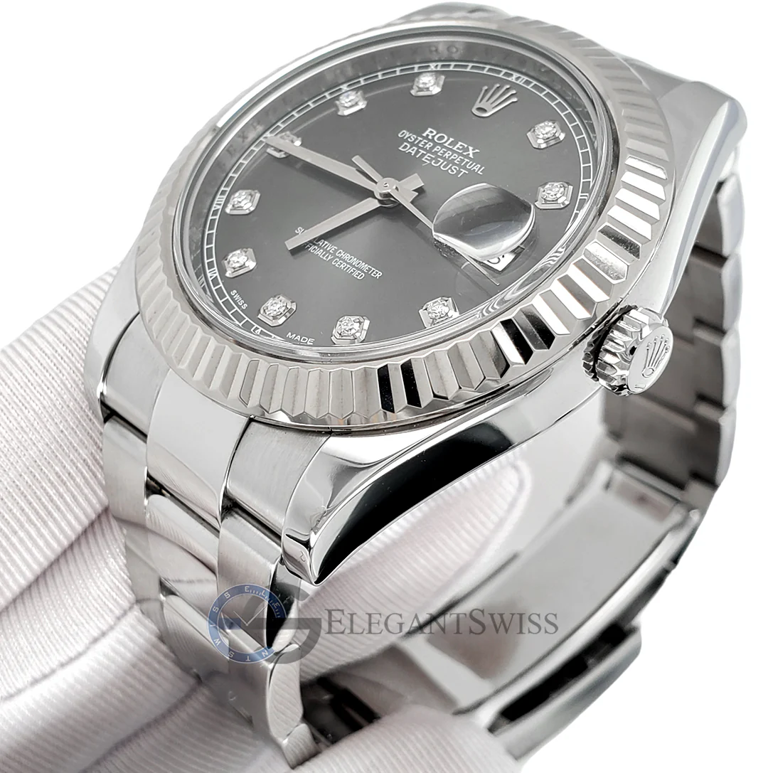 Rolex Datejust II 41mm Factory Dark Rhodium Diamond Dial White Gold Fluted Bezel Steel Watch 116334 Box Papers - Image 2