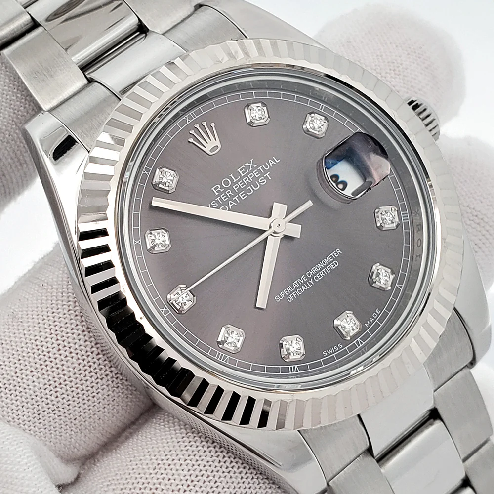Rolex Datejust II 41mm Factory Diamond Rhodium White Gold Fluted Steel Watch 116334 Box Papers - Image 3
