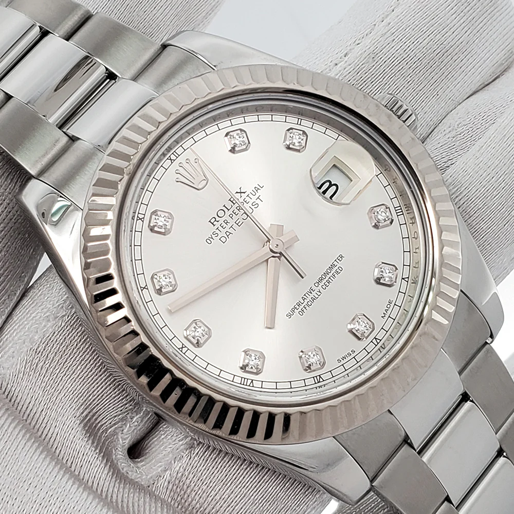 Rolex Datejust II 41mm Factory Silver Diamond Dial White Gold Fluted Bezel Steel Watch 116334 Box Papers - Image 3