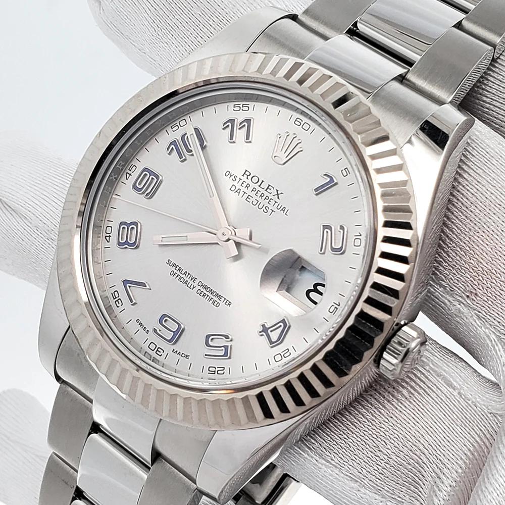 Rolex Datejust II 41mm Rhodium Arabic Dial White Gold Fluted Bezel Steel Watch 116334 Box Papers - Image 2