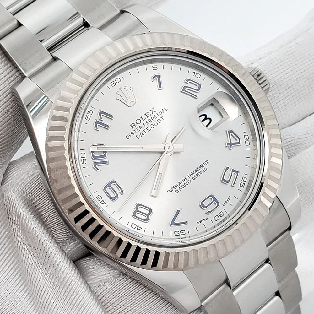 Rolex Datejust II 41mm Rhodium Arabic Dial White Gold Fluted Bezel Steel Watch 116334 Box Papers - Image 3