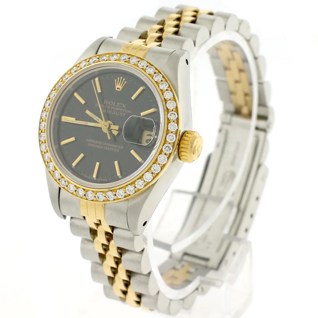 Rolex Datejust Ladies 2-Tone 18K Yellow Gold/Steel 26MM Factory Black Index Dial Jubilee Watch w/Diamond Bezel - Image 3