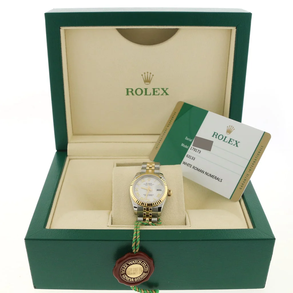 Rolex Datejust Ladies 2-Tone 18K Yellow Gold/Steel 26MM Factory White Roman Dial Jubilee Watch 179173 - Image 3