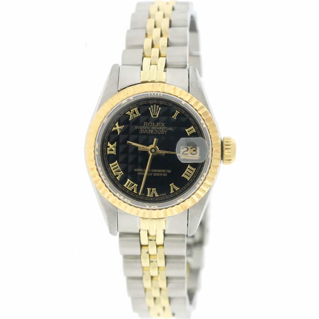 Rolex Datejust Ladies 2-Tone 18K Yellow Gold/Steel 26MM Original Black Pyramid Roman Dial Jubilee Watch 69173
