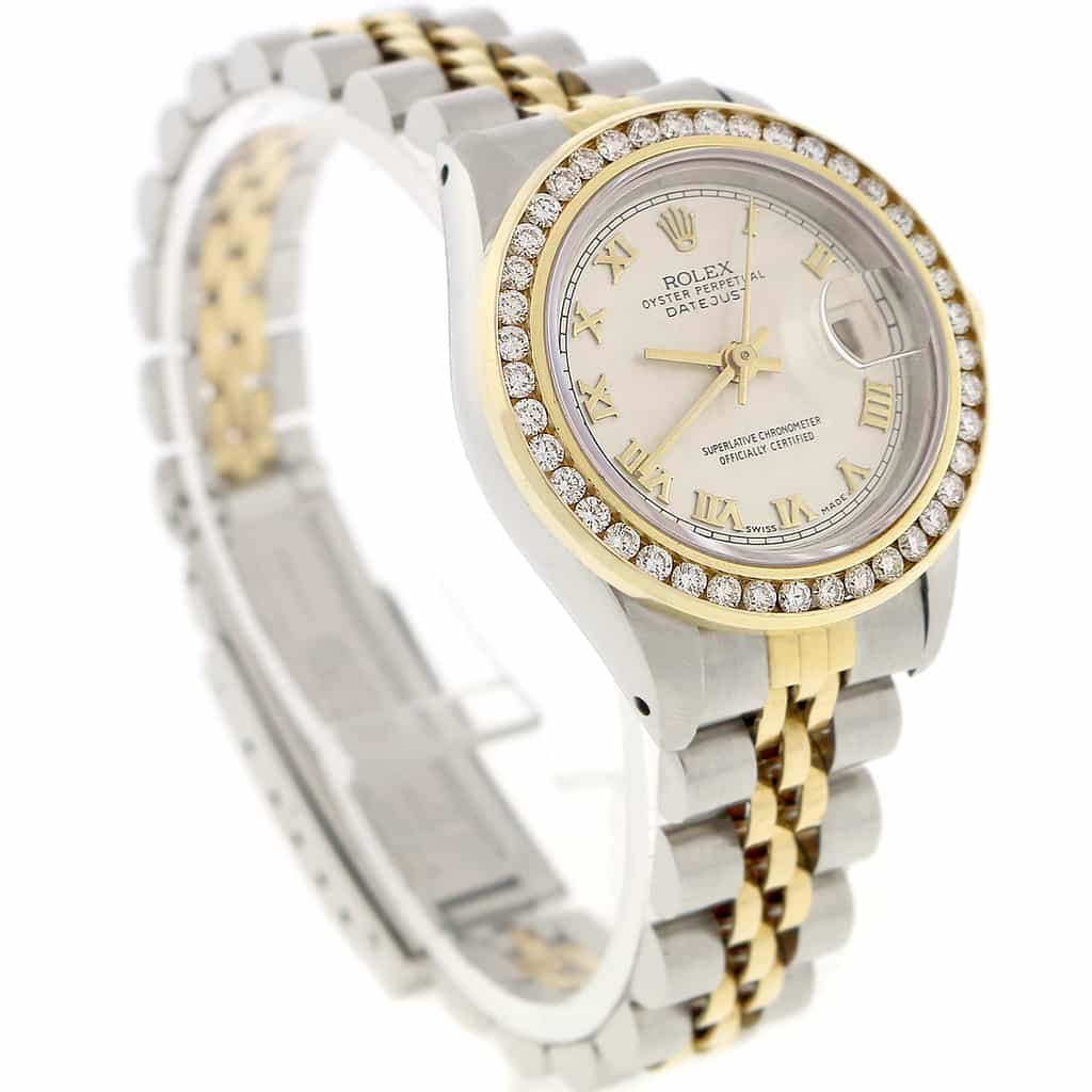 Rolex Datejust Ladies 2-Tone 18K Yellow Gold/Steel 26MM Original Pyramid Dial Jubilee Watch w/Diamond Bezel - Image 11