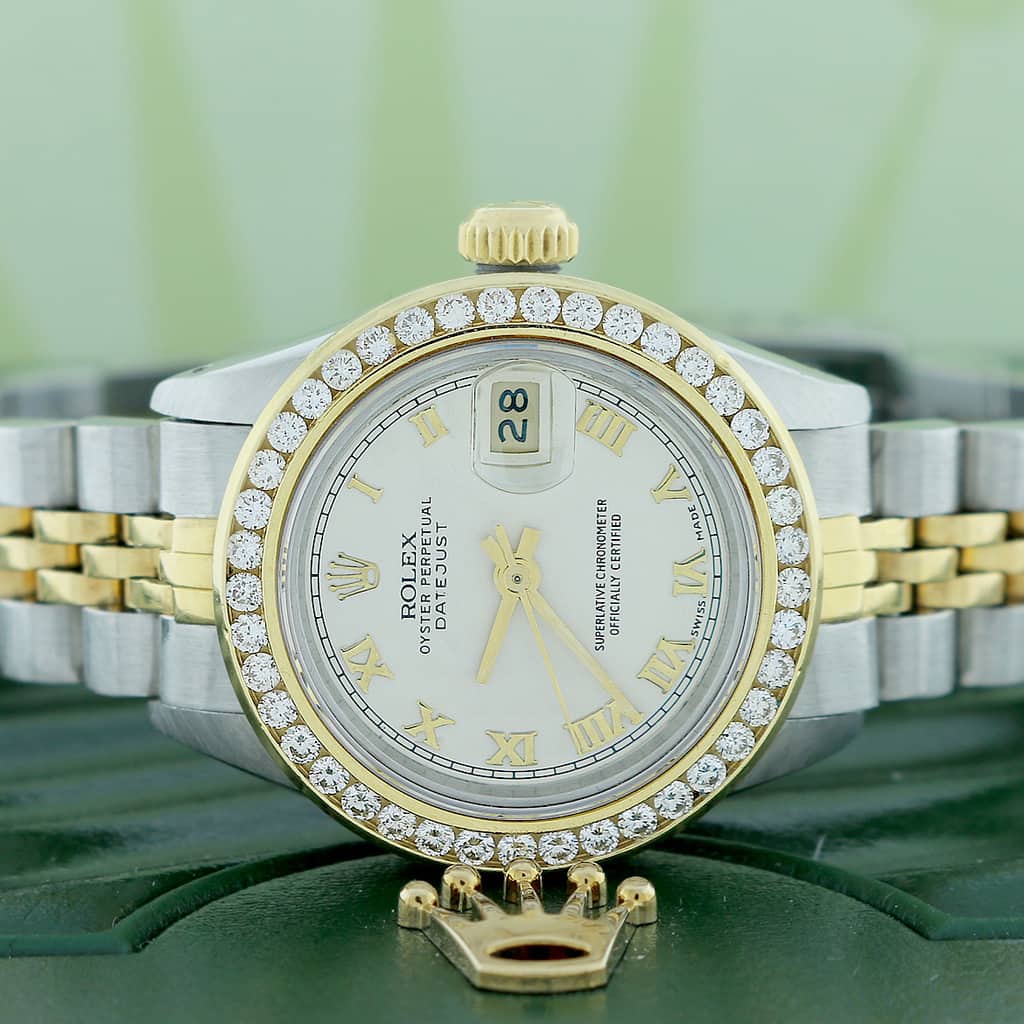 Rolex Datejust Ladies 2-Tone 18K Yellow Gold/Steel 26MM Original Pyramid Dial Jubilee Watch w/Diamond Bezel - Image 2