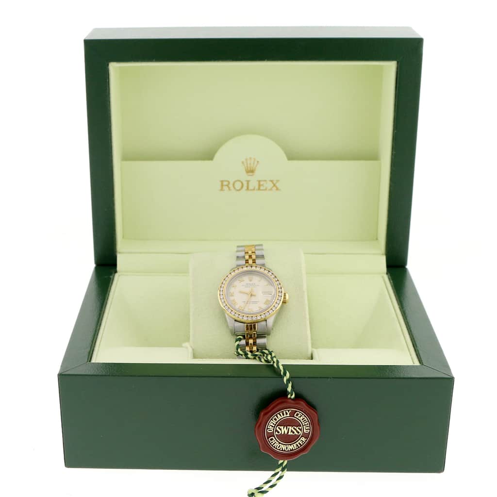 Rolex Datejust Ladies 2-Tone 18K Yellow Gold/Steel 26MM Original Pyramid Dial Jubilee Watch w/Diamond Bezel - Image 3