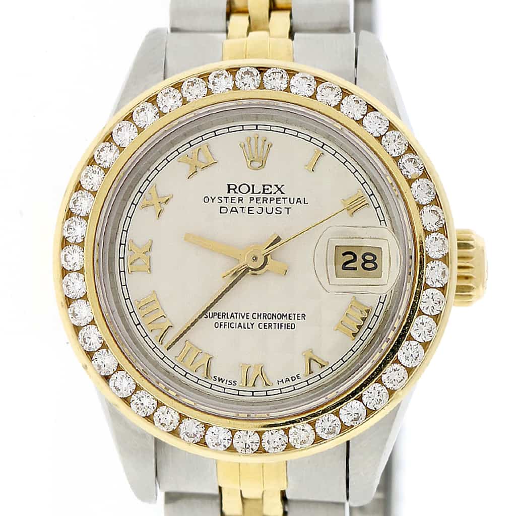 Rolex Datejust Ladies 2-Tone 18K Yellow Gold/Steel 26MM Original Pyramid Dial Jubilee Watch w/Diamond Bezel - Image 4