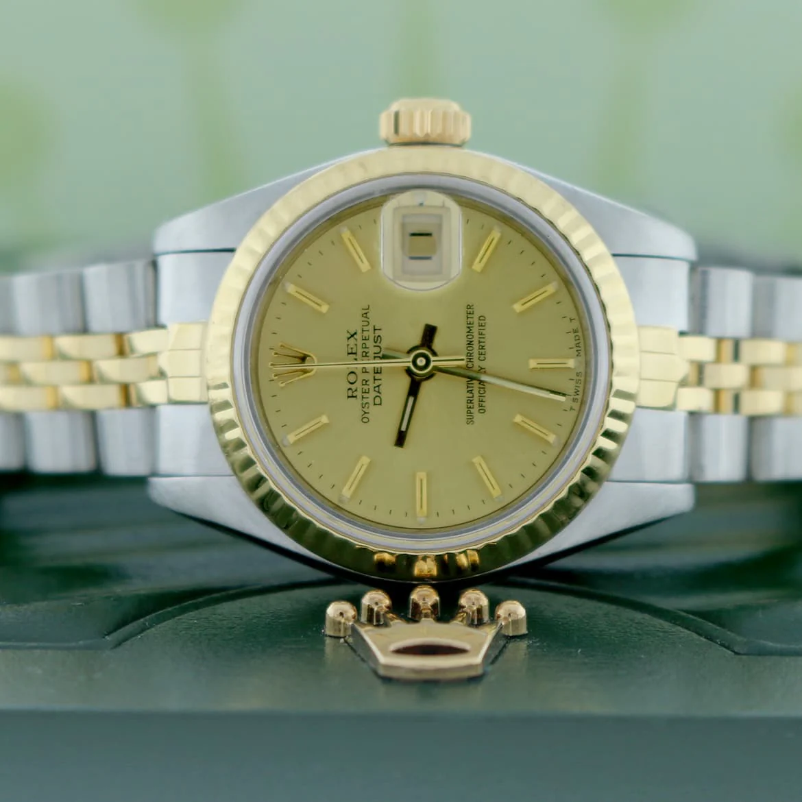 Rolex Datejust Ladies 2-Tone 18K Yellow Gold/Steel Original Champagne Stick Dial 26MM Jubilee Watch 69173 - Image 2