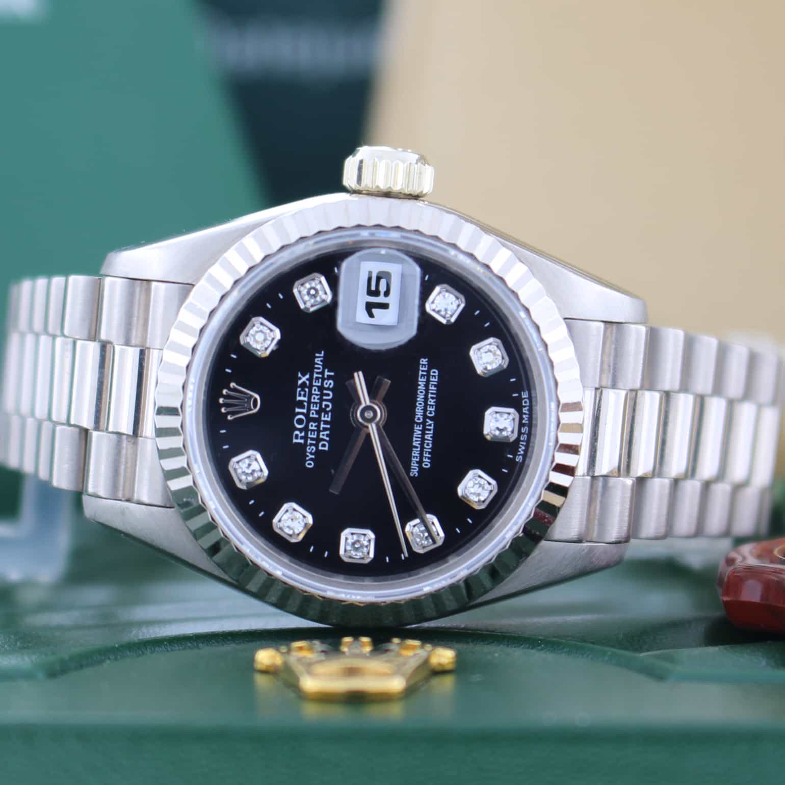 Rolex President Datejust Ladies Original Diamond Black Dial White Gold 26MM Automatic Watch 69179 - Image 2