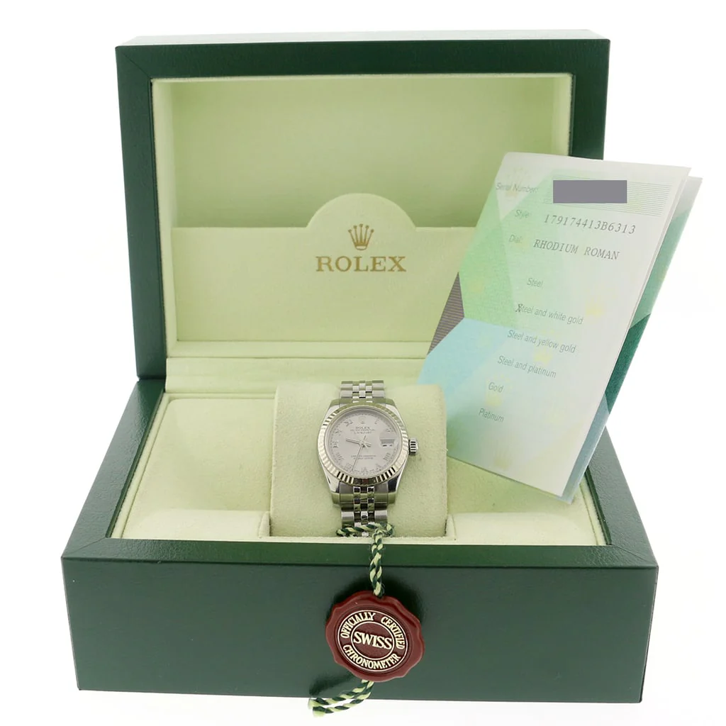 Rolex Datejust Ladies Original Rhodium Roman Dial White Gold Bezel 26MM Stainless Steel Jubilee Watch 179174 - Image 2