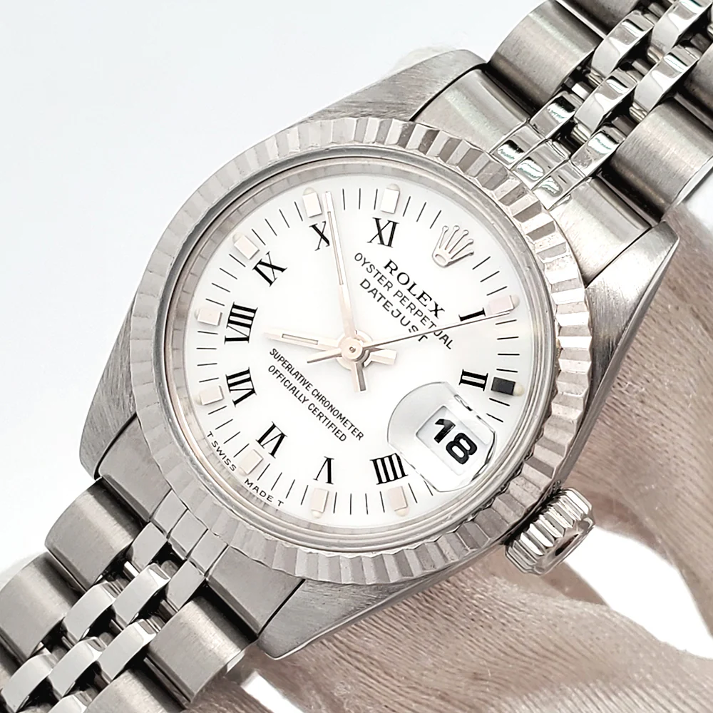Rolex Datejust Ladies White Roman Dial Gold Fluted Bezel 26mm Steel Jubilee Watch 69174