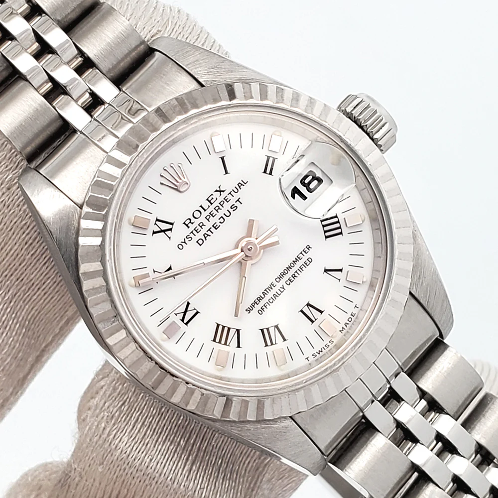 Rolex Datejust Ladies White Roman Dial Gold Fluted Bezel 26mm Steel Jubilee Watch 69174 - Image 2