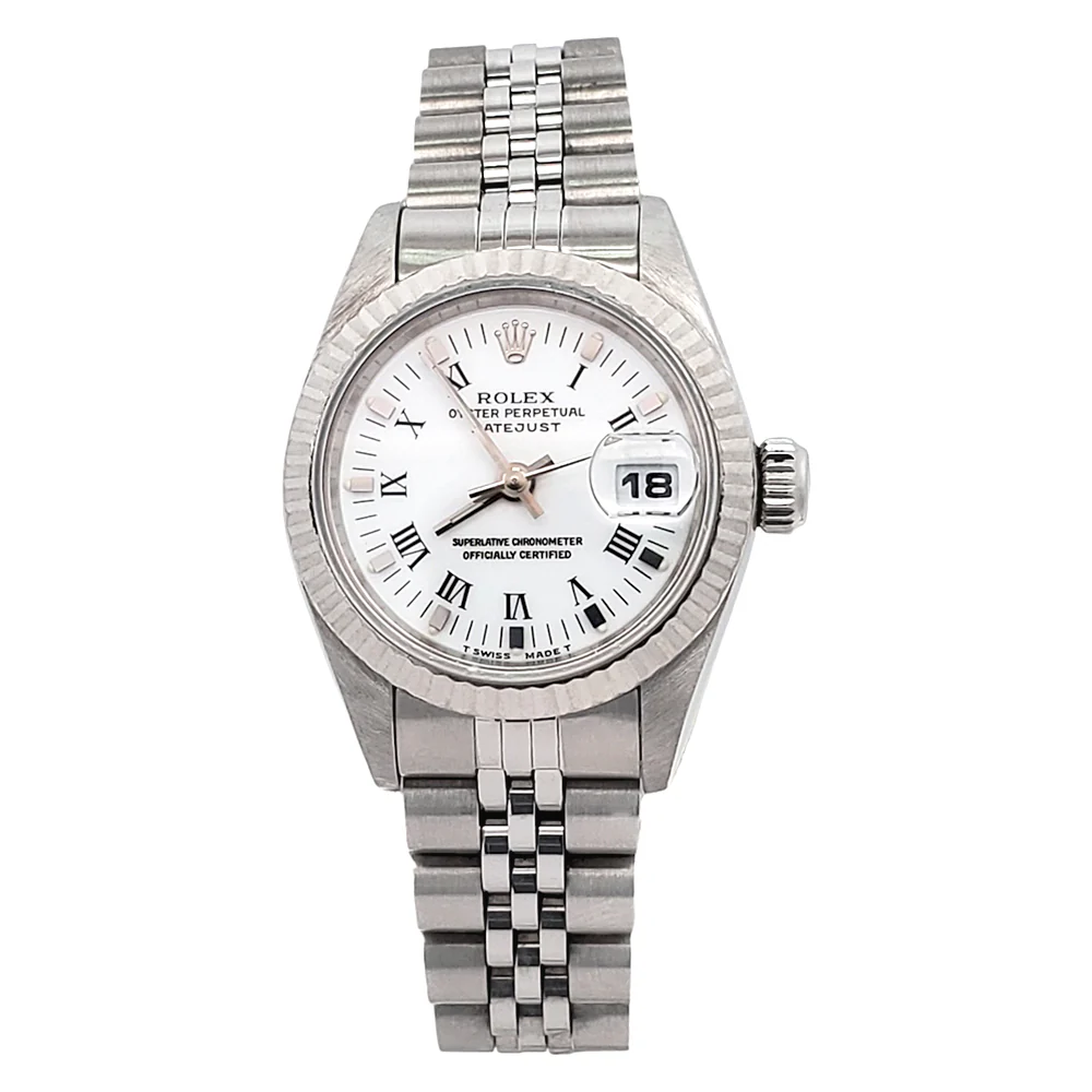 Rolex Datejust Ladies White Roman Dial Gold Fluted Bezel 26mm Steel Jubilee Watch 69174 - Image 3