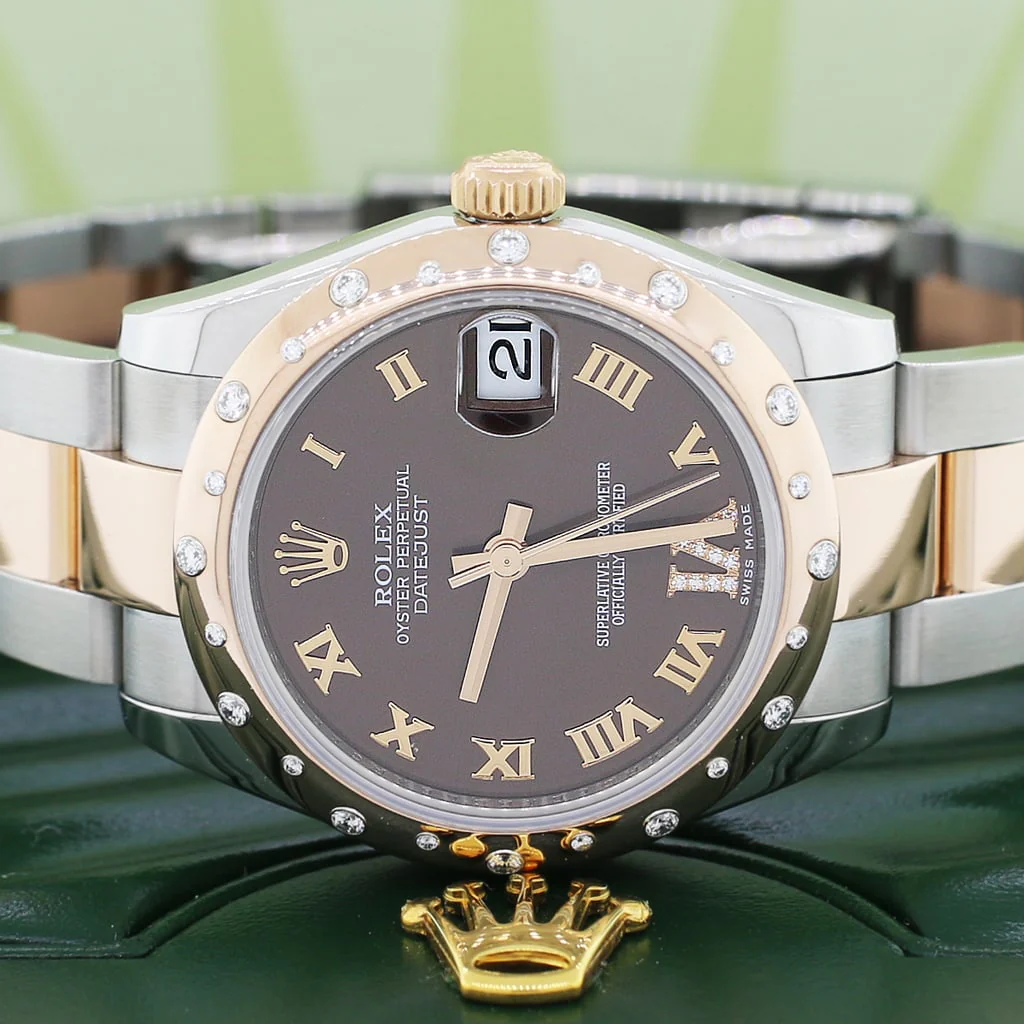 Rolex Datejust 31MM Rose Gold/Steel Watch With Factory Diamond Domed Bezel/Chocolate Roman Dial 178341 Box Papers - Image 2