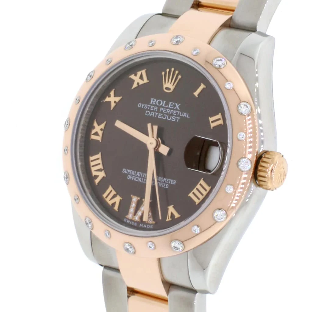 Rolex Datejust 31MM Rose Gold/Steel Watch With Factory Diamond Domed Bezel/Chocolate Roman Dial 178341 Box Papers - Image 3
