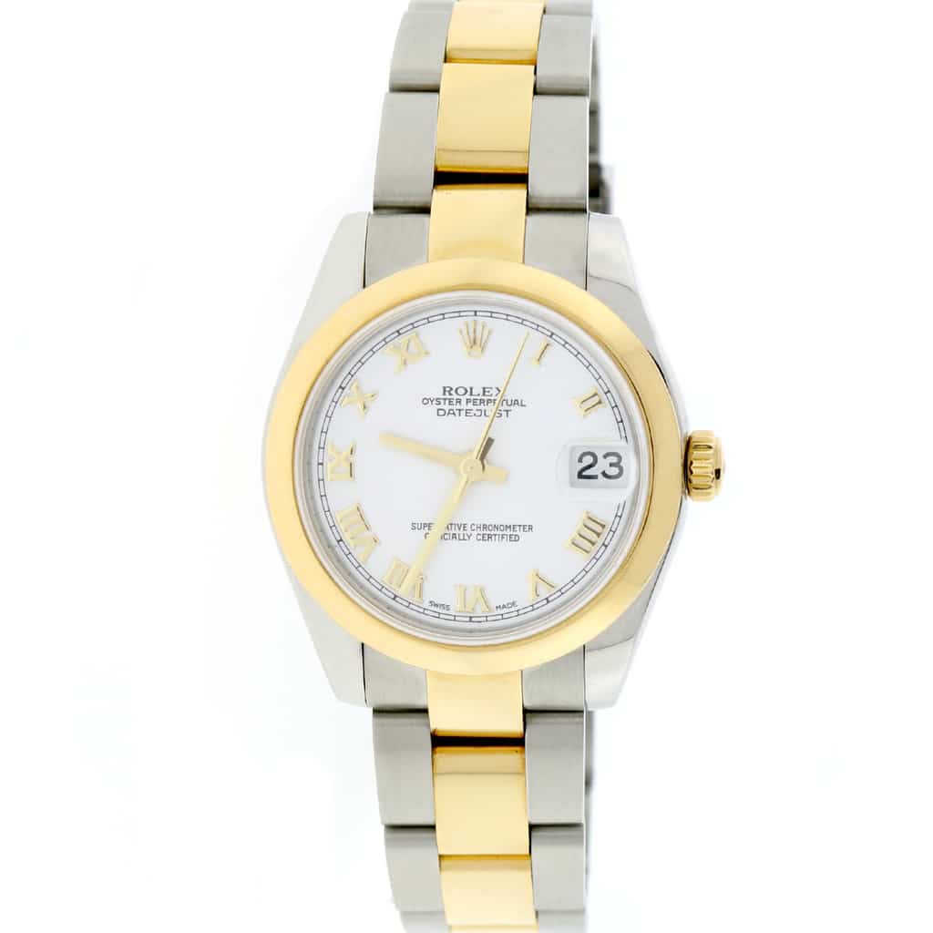 Rolex Datejust Midsize 2-Tone 18K Yellow Gold/Stainless Steel Original White Roman Dial 31MM Oyster Watch 178243