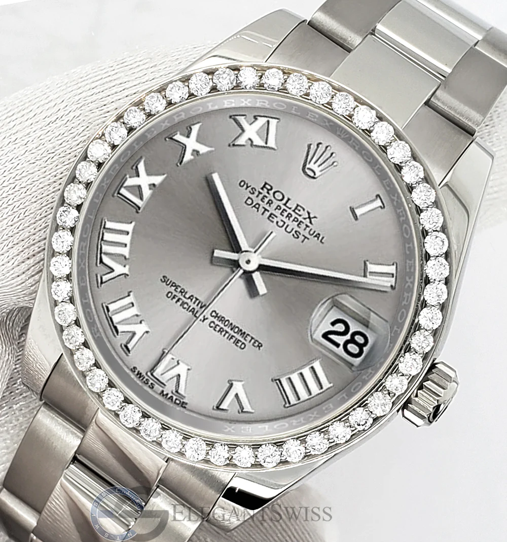 Rolex Datejust Midsize 31mm 178240 Silver Roman Dial Watch With 0.95ct Diamond Bezel