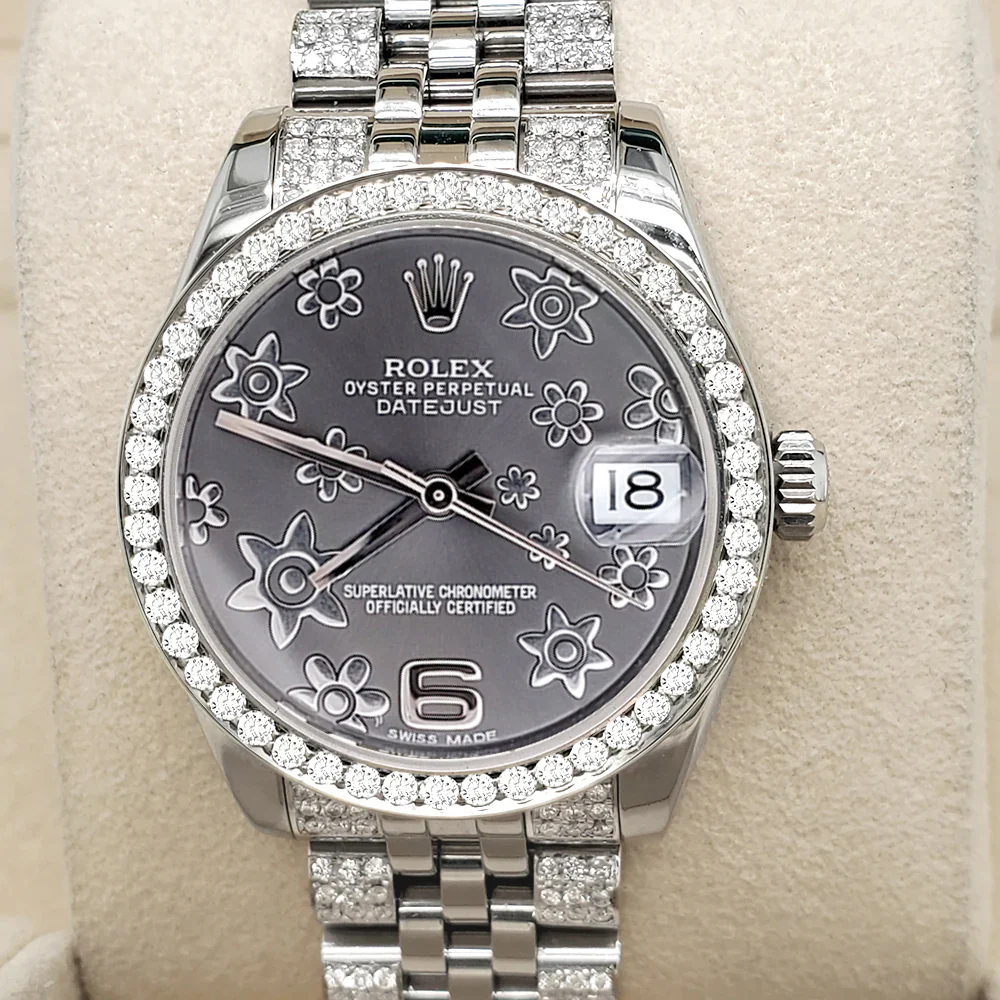 Rolex Datejust Midsize 31mm 3.30ct Diamond Bezel/Bracelet/Gray Floral Diamond Dial Steel Watch 178240 - Image 2