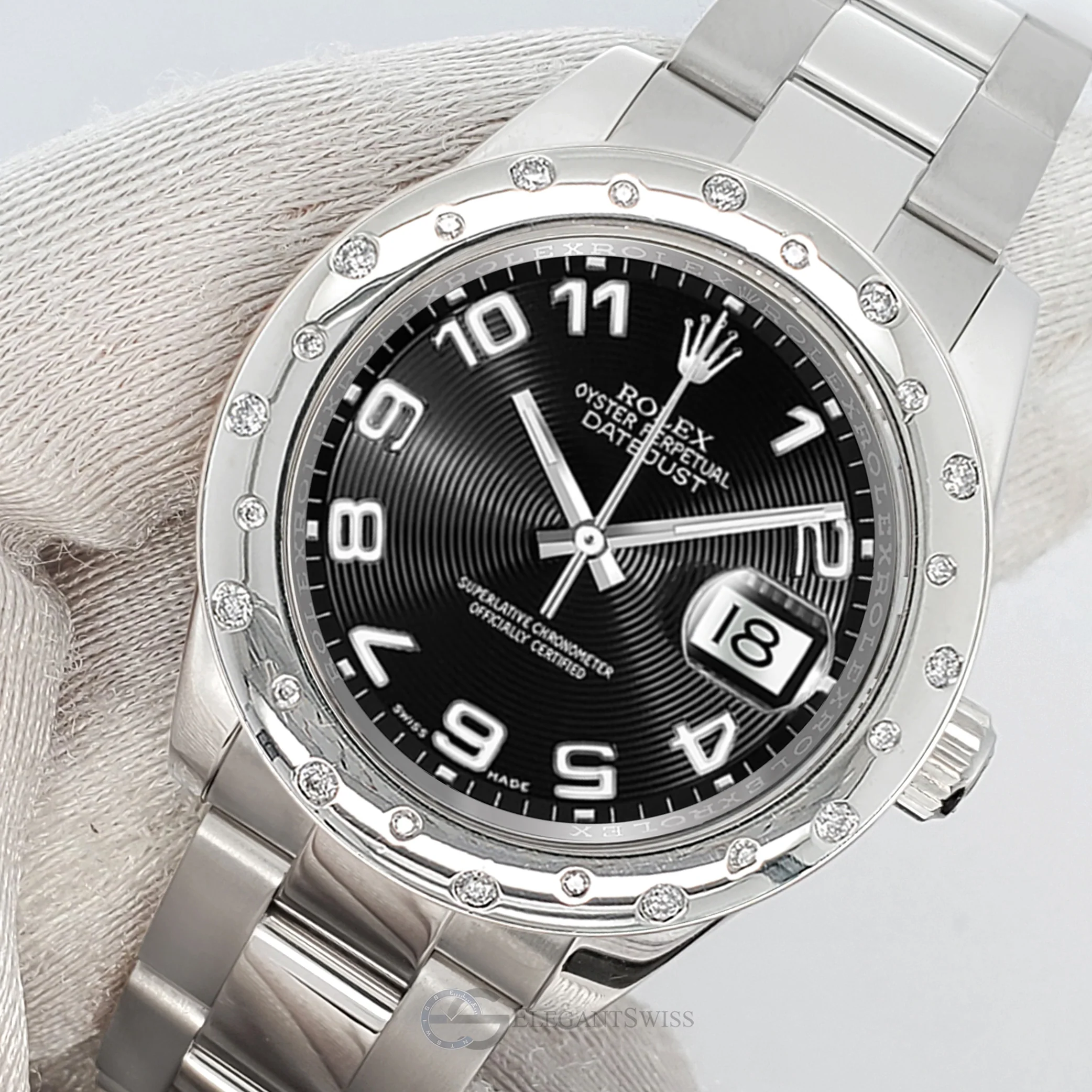 Rolex Datejust Midsize 31mm Black Concentric Arabic Dial Custom Domed VS Scattered Diamond Bezel Watch 178240