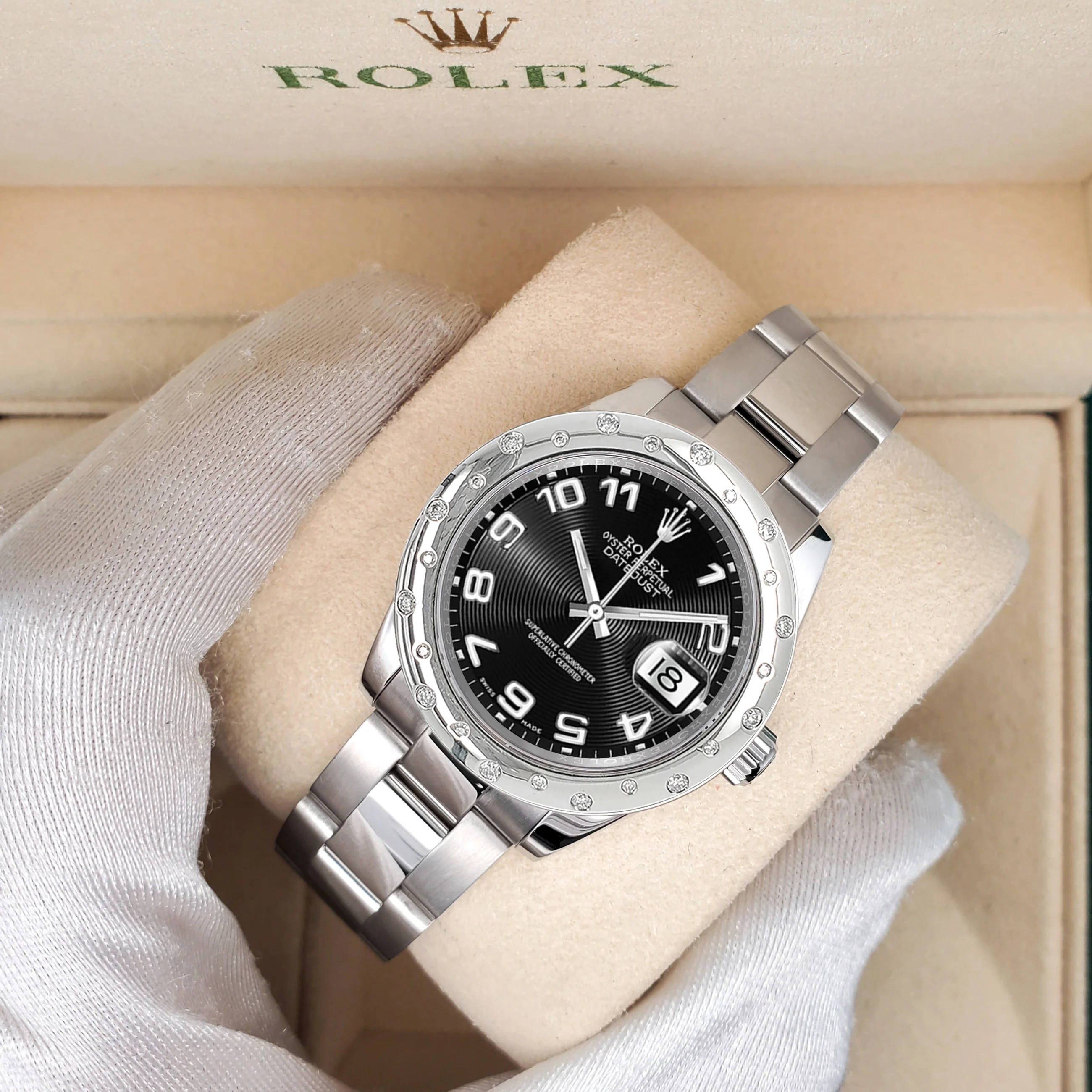 Rolex Datejust Midsize 31mm Black Concentric Arabic Dial Custom Domed VS Scattered Diamond Bezel Watch 178240 - Image 2