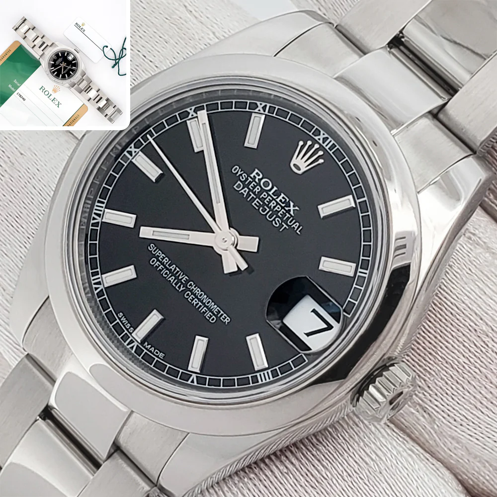 Rolex Datejust Midsize 31mm Black Index Steel Oyster Watch 178240 Papers/Serial Hang Tag