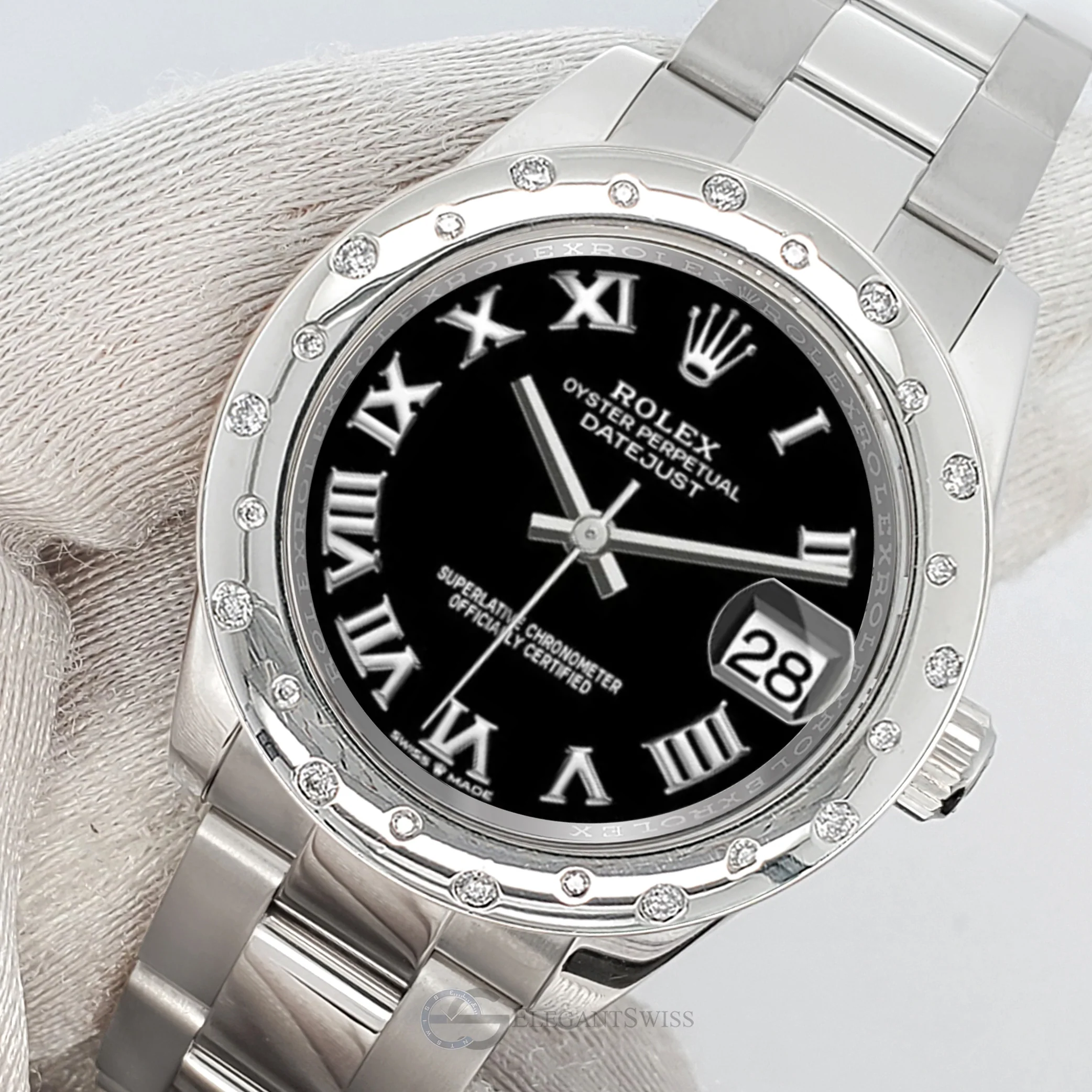 Rolex Datejust Midsize 31mm Black Roman Dial Custom Domed VS Scattered Diamond Bezel Watch 178240