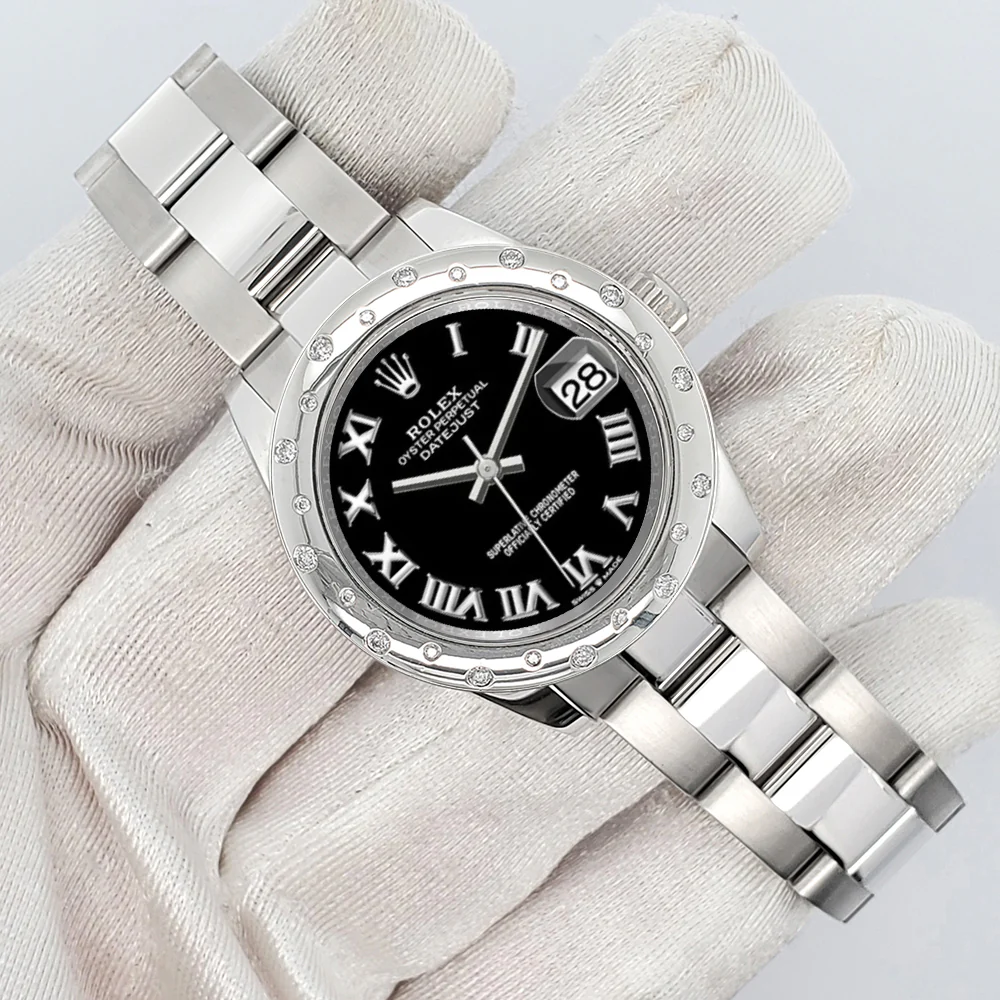 Rolex Datejust Midsize 31mm Black Roman Dial Custom Domed VS Scattered Diamond Bezel Watch 178240 - Image 3