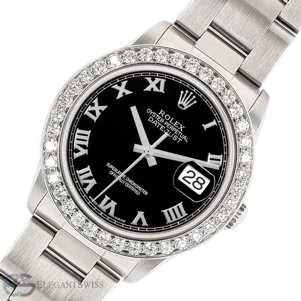Rolex Datejust Midsize 31mm Black Roman Oyster Watch w/Custom Diamond 1.62ct Bezel Steel