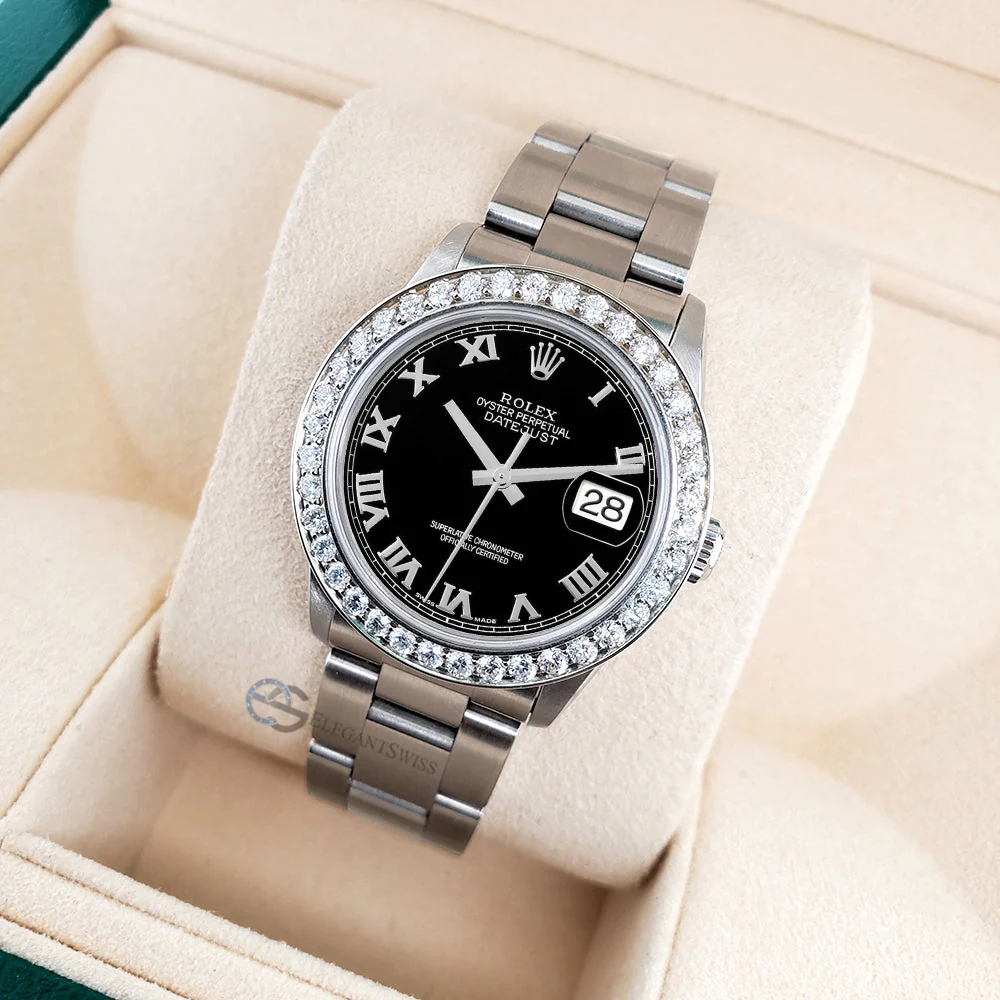 Rolex Datejust Midsize 31mm Black Roman Oyster Watch w/Custom Diamond 1.62ct Bezel Steel - Image 4
