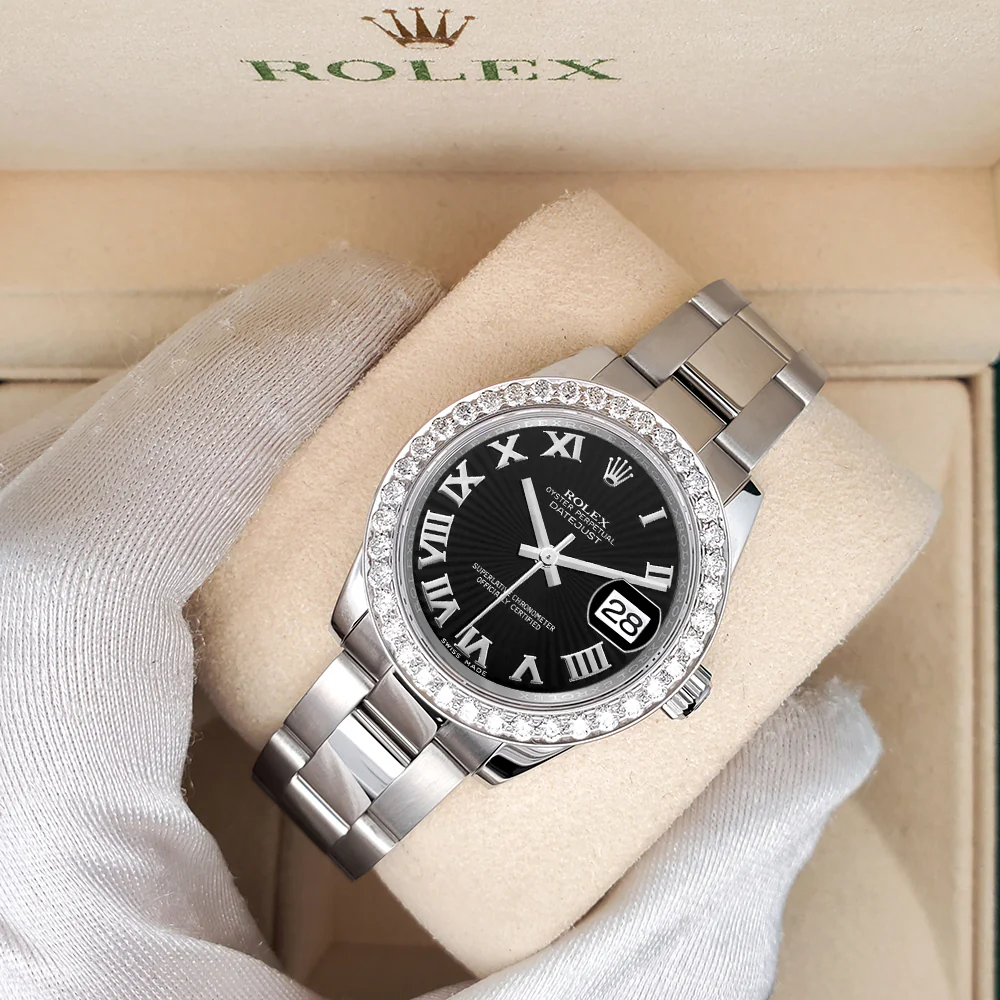 Rolex Datejust Midsize 31mm 178240 Black Sunbeam Roman Dial 1.6ct Diamond Bezel Watch - Image 2