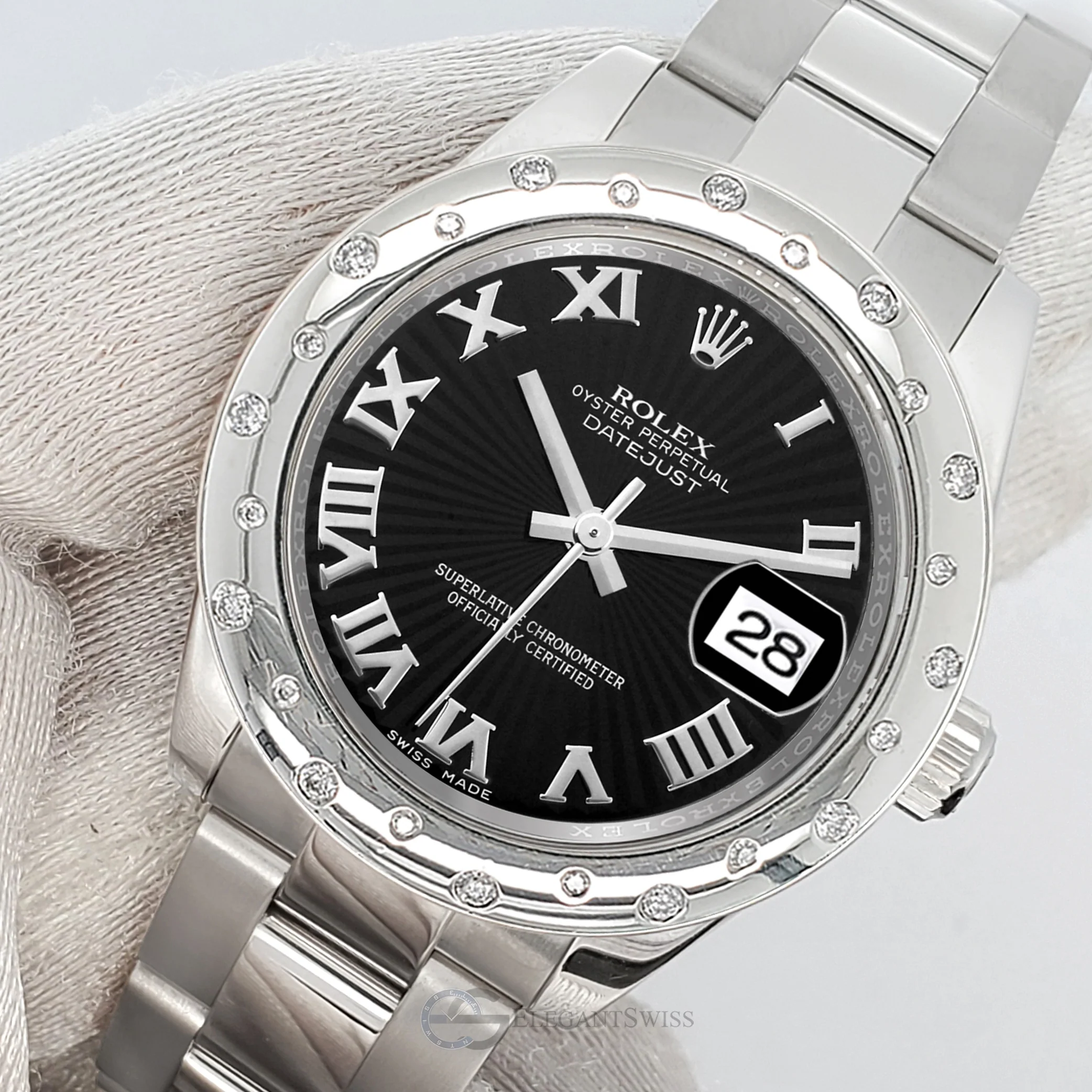 Rolex Datejust Midsize 31mm Black Sunbeam Roman Dial Custom Domed VS Scattered Diamond Bezel Watch 178240