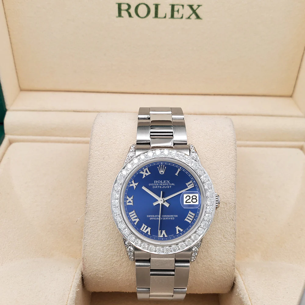 Rolex Datejust Midsize 31mm Blue Roman Dial 2.1ct Diamond Bezel/Lugs Oyster Watch - Image 3