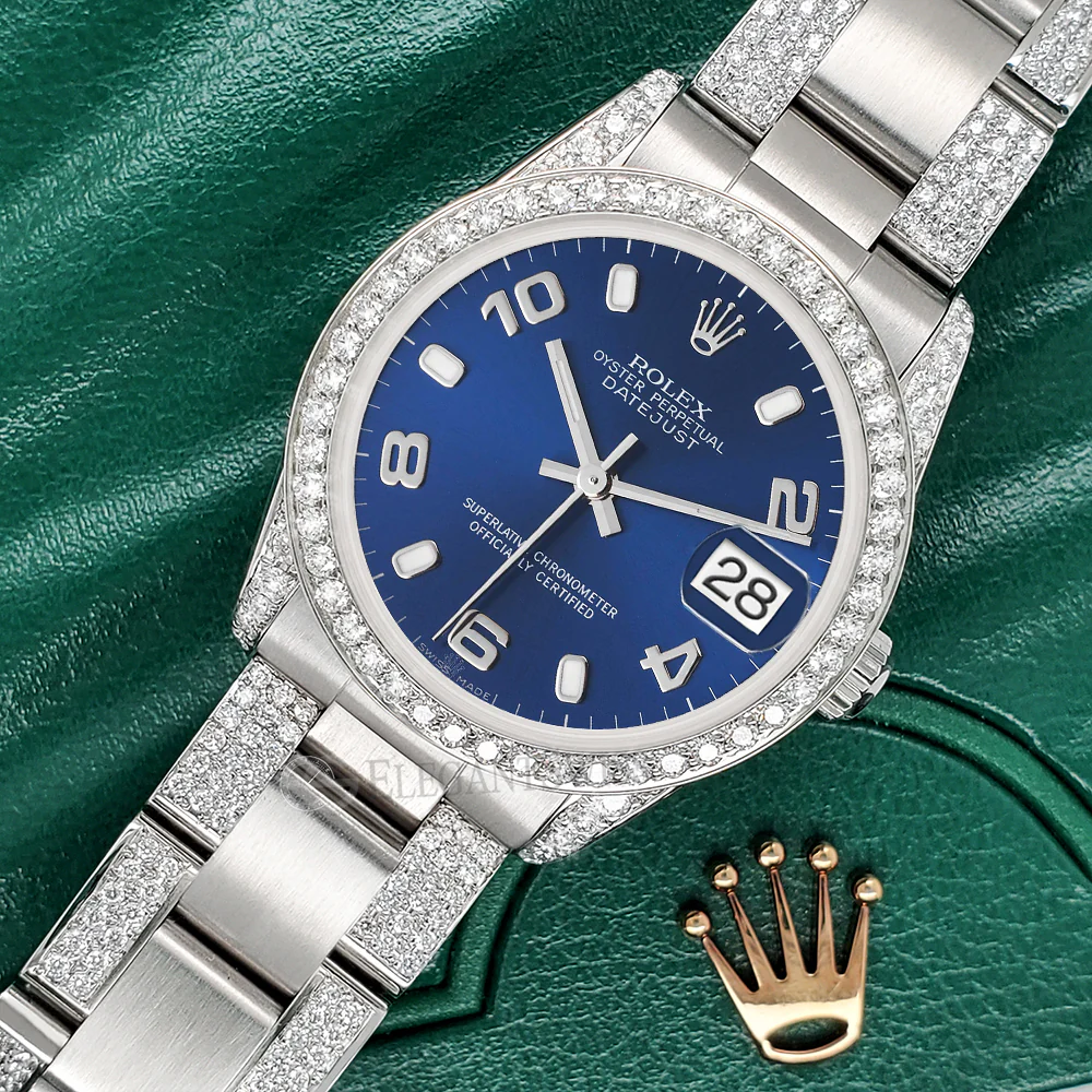 Rolex Datejust Midsize 31mm Blue Arabic Dial 3.5ct Diamond Bezel/Lugs/Bracelet Oyster Watch