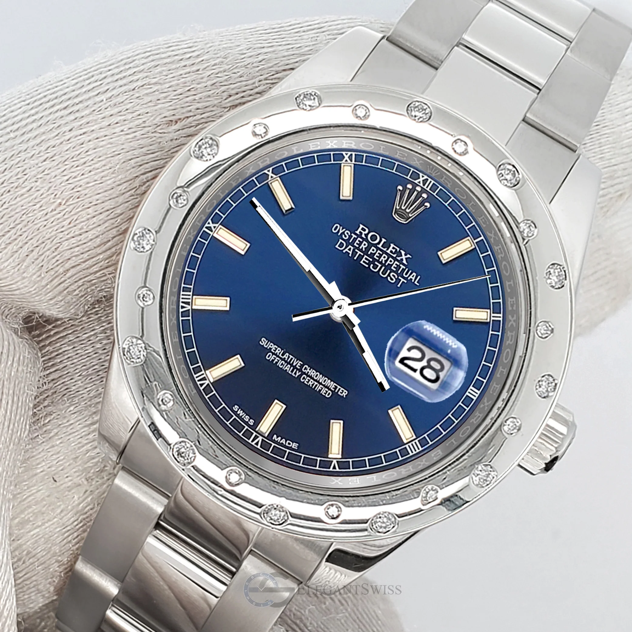 Rolex Datejust Midsize 31mm Blue Index Dial Custom Domed VS Scattered Diamond Bezel Watch 178240