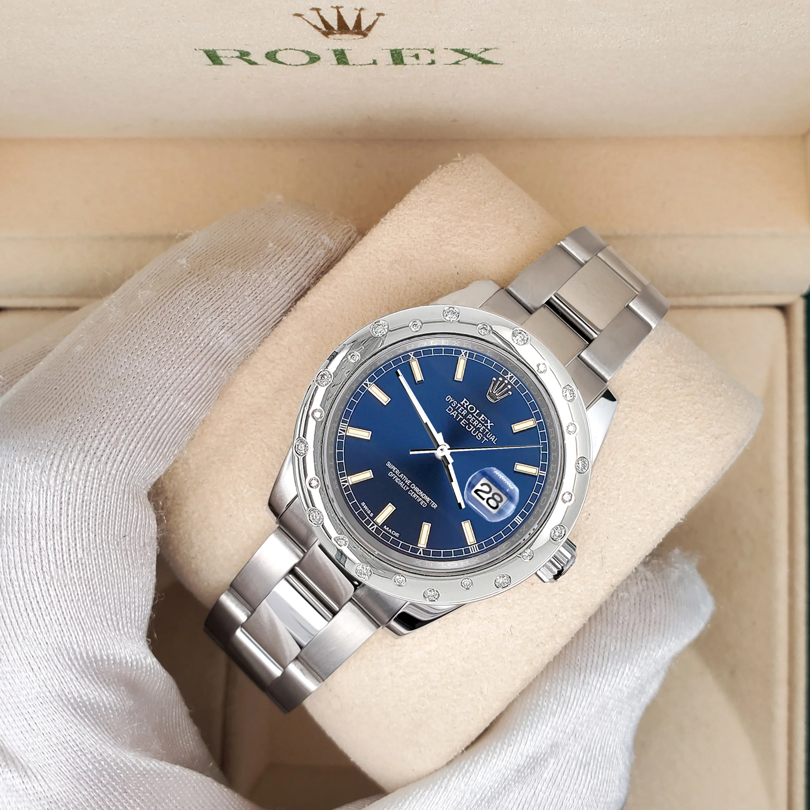 Rolex Datejust Midsize 31mm Blue Index Dial Custom Domed VS Scattered Diamond Bezel Watch 178240 - Image 2
