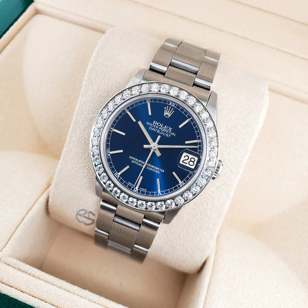 Rolex Datejust Midsize 31mm Blue Index Oyster Watch w/Custom Diamond 1.62ct Bezel Steel - Image 4