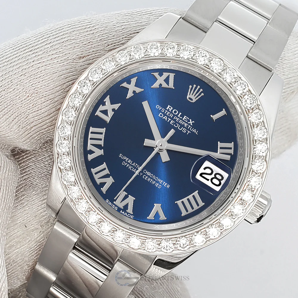 Rolex Datejust Midsize 31mm 178240 Blue Roman Dial 1.6ct Diamond Bezel Watch